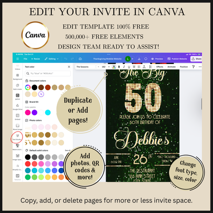 Editable green sequin 50th birthday video invitation displayed on a mobile phone, featuring an animated vertical digital invite with music, created in Canva. This premium video invitation template is designed for sharing by text, email, and social media and works with an interactive RSVP website for easy guest response tracking.