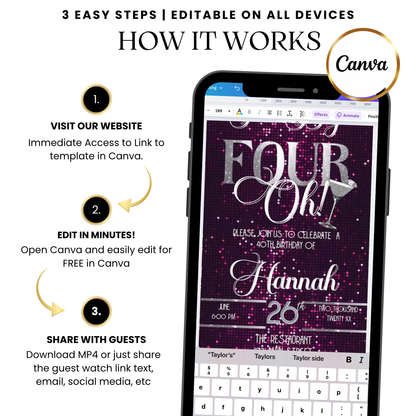 Pink Glam The Big Four-Oh 40th Birthday Video Invitation — Silver Sparkle Theme with Music