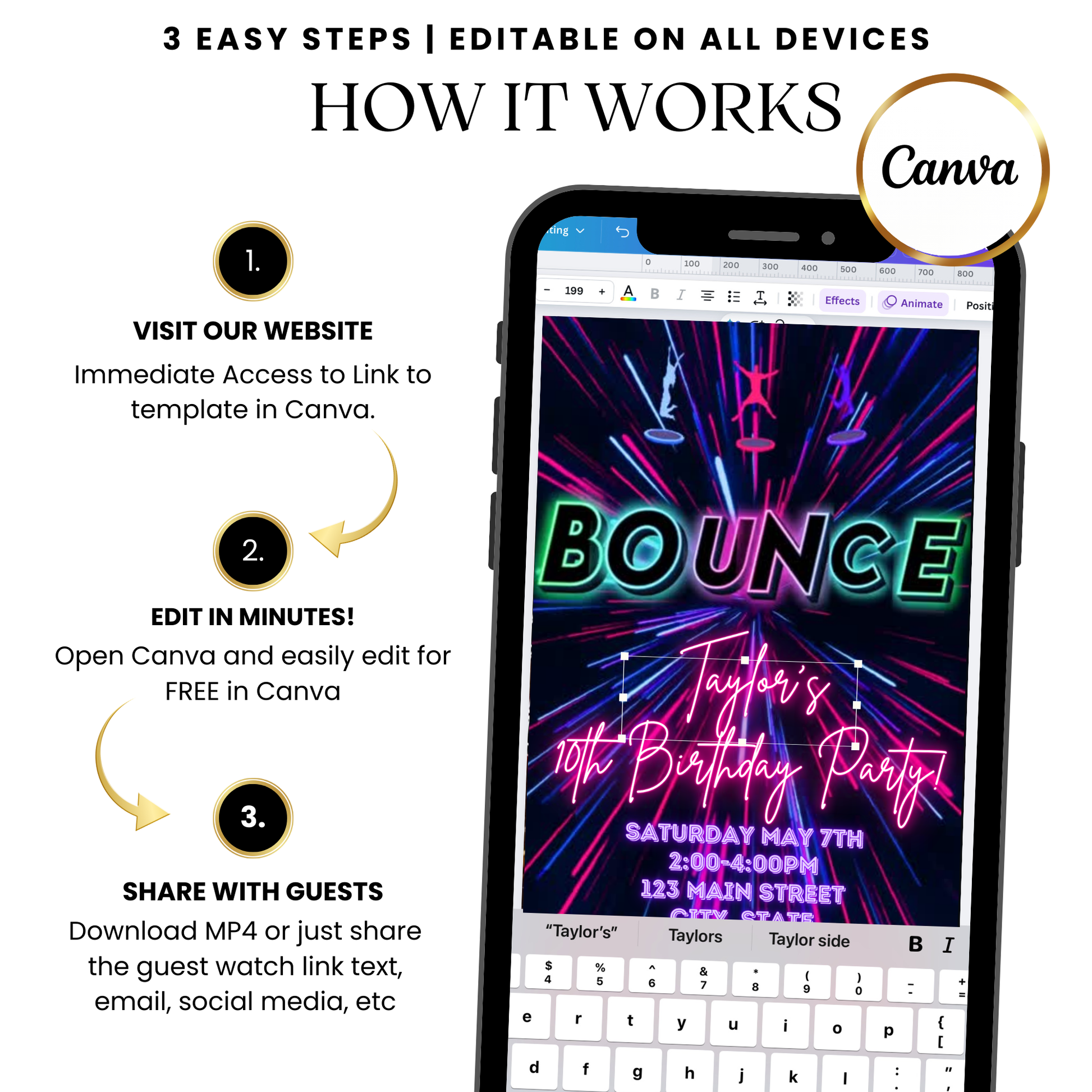Trampoline park party digital invitation shared on social media feed