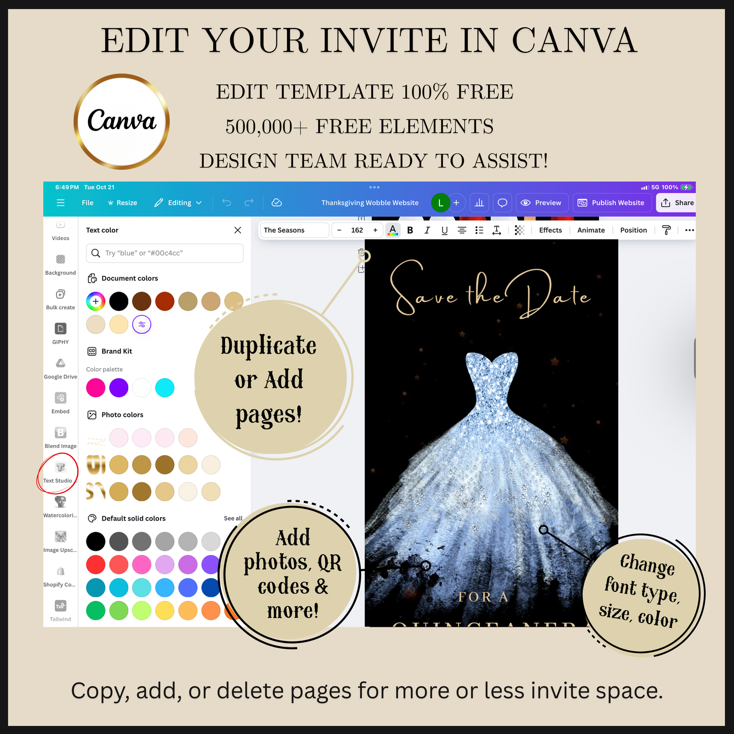 Editable light blue sparkly dress Quinceañera video invitation displayed on a mobile phone, featuring an animated vertical digital invite with music, created in Canva. This premium video invitation template is designed for sharing by text, email, and social media and works with an interactive RSVP website for easy guest response tracking.