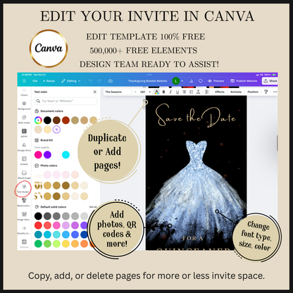 Editable light blue sparkly dress Quinceañera video invitation displayed on a mobile phone, featuring an animated vertical digital invite with music, created in Canva. This premium video invitation template is designed for sharing by text, email, and social media and works with an interactive RSVP website for easy guest response tracking.