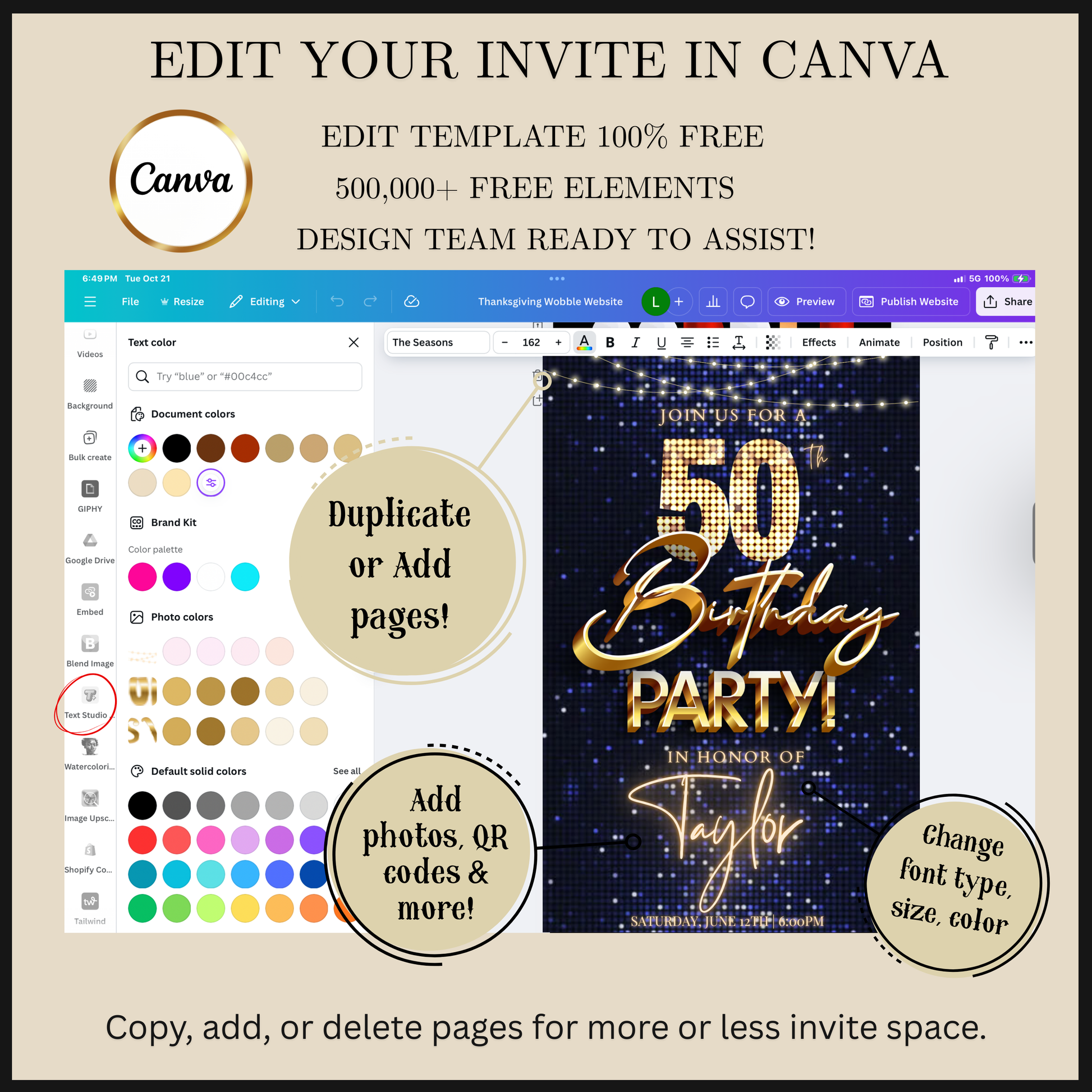 Editable blue gold sequin 50th birthday video invitation displayed on a mobile phone, featuring an animated vertical digital invite with music, created in Canva. This premium video invitation template is designed for sharing by text, email, and social media and works with an interactive RSVP website for easy guest response tracking.