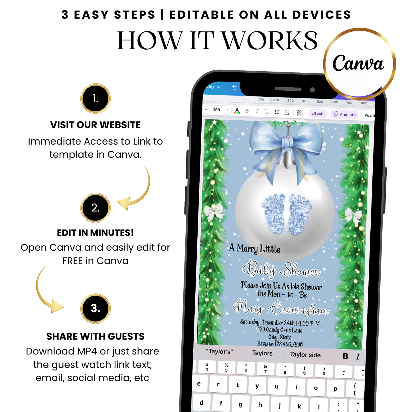 Blue Christmas ornament baby shower video invitation