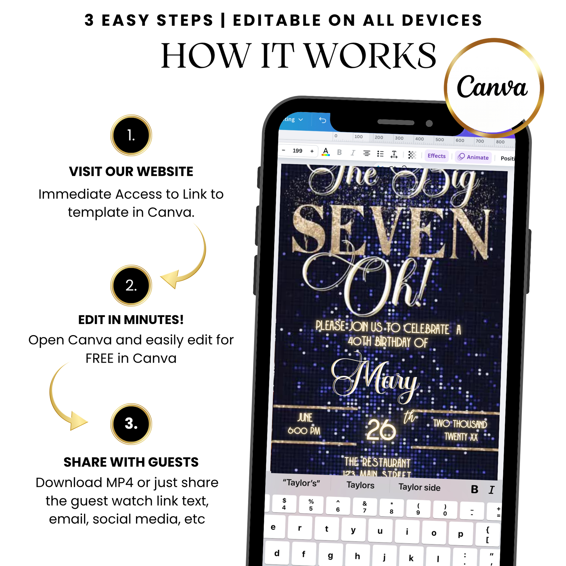 Luxe The Big Seven-Oh 70th Birthday Video Invitation — Navy & Gold Sparkle with Music