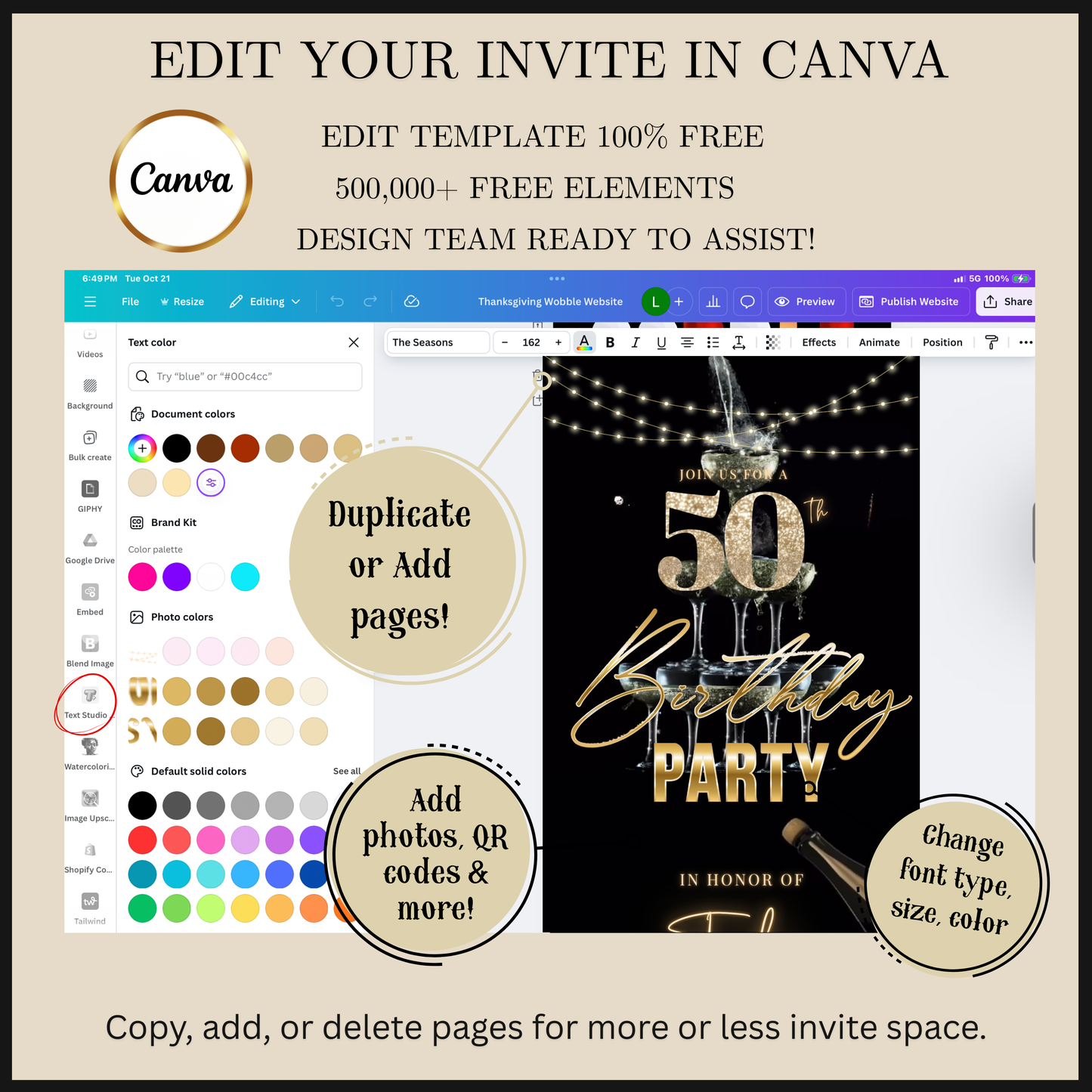 Editable black gold champagne tower 50th birthday video invitation displayed on a mobile phone, featuring an animated vertical digital invite with music, created in Canva. This premium video invitation template is designed for sharing by text, email, and social media and works with an interactive RSVP website for easy guest response tracking.
