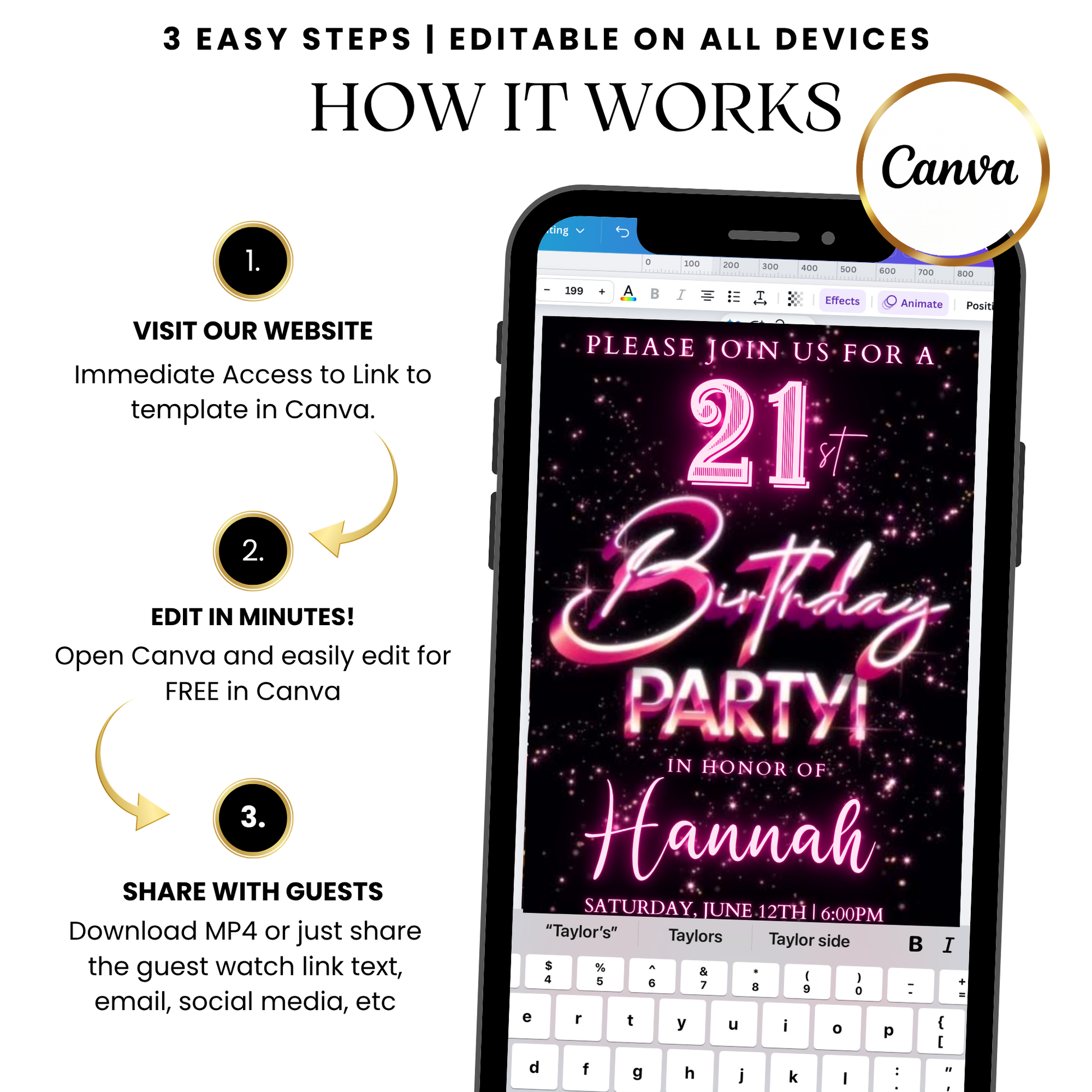 Pink neon milestone video invitation template