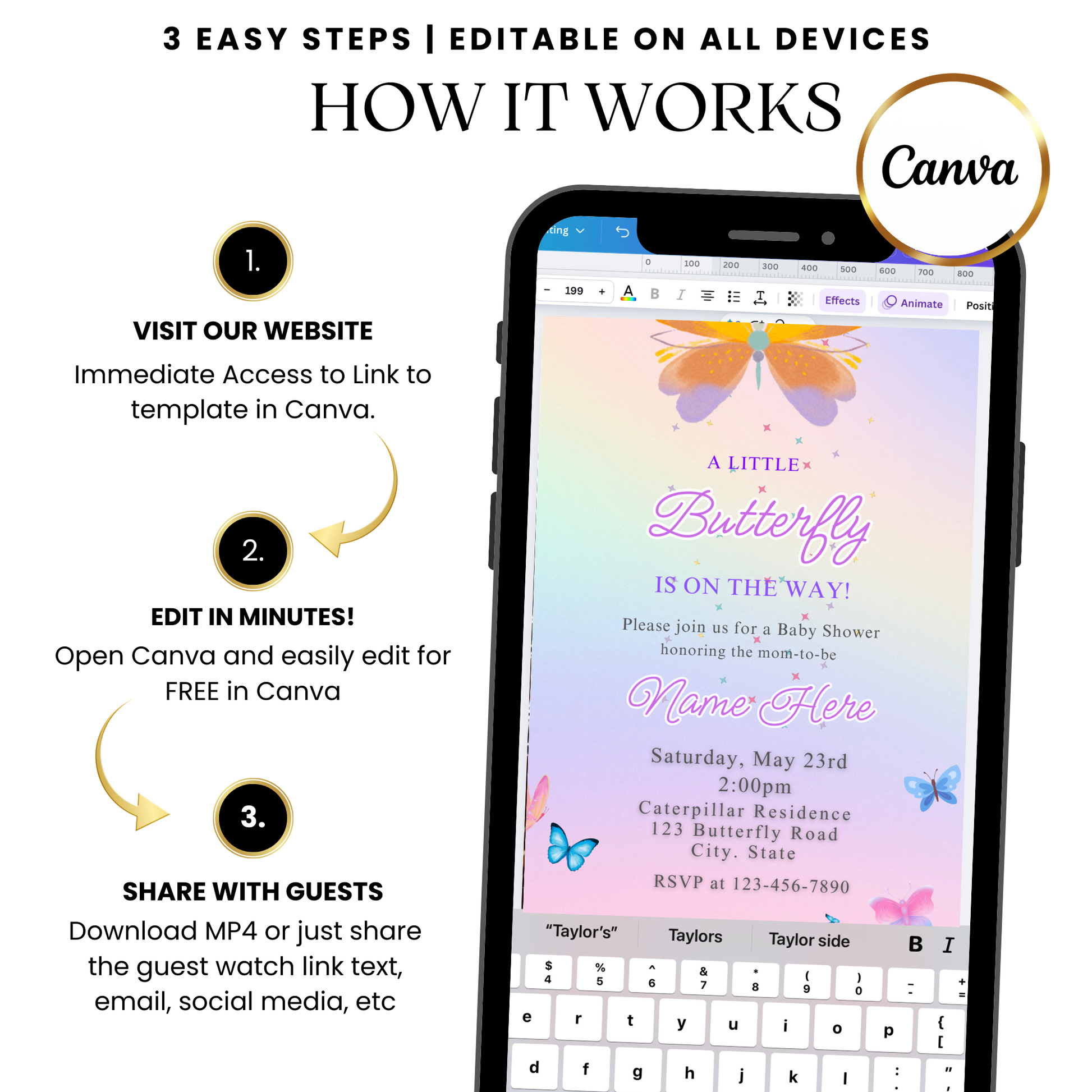 Vertical Butterfly celebration video invitation with soft pastel tones