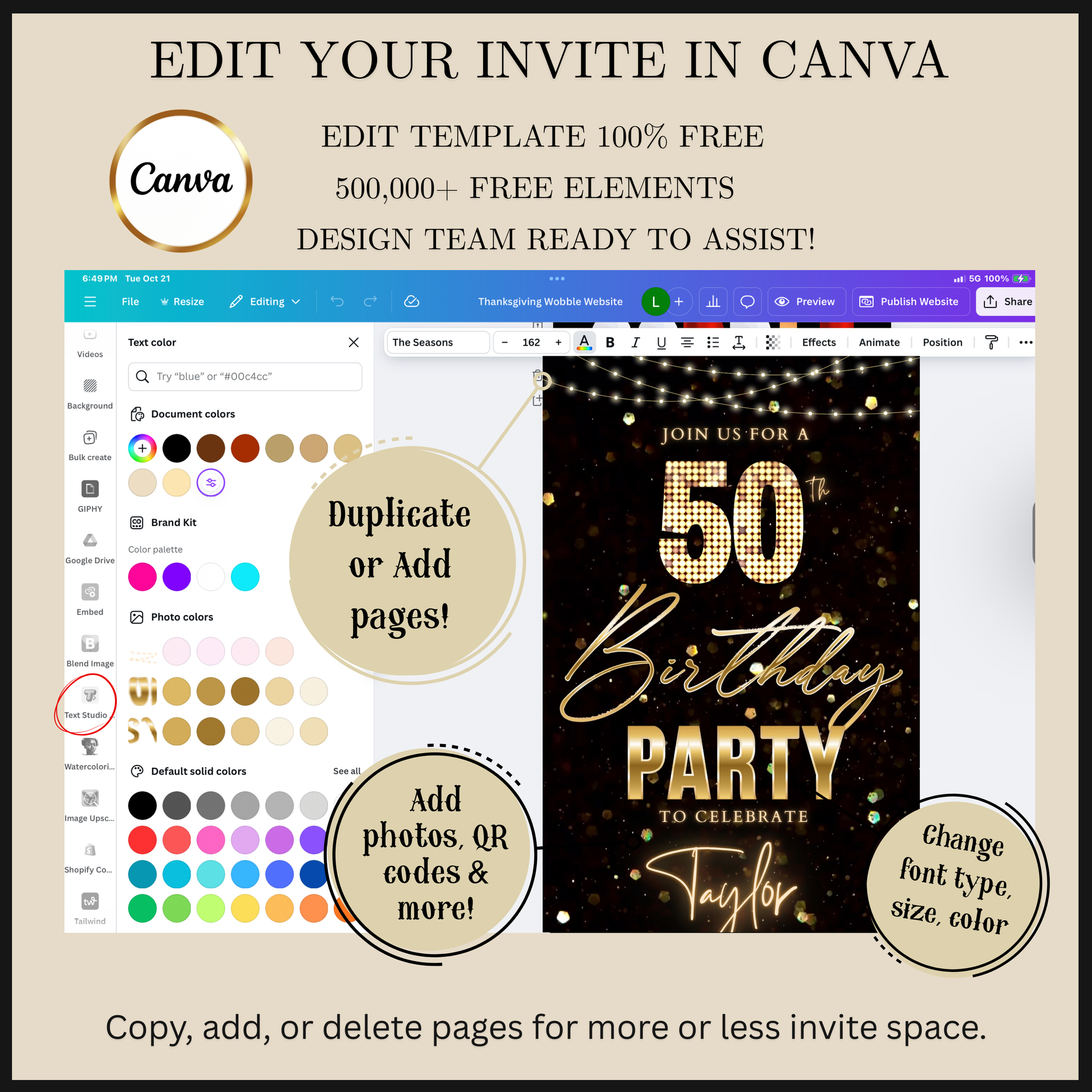 Editable black gold glitter lights 50th birthday video invitation displayed on a mobile phone, featuring an animated vertical digital invite with music, created in Canva. This premium video invitation template is designed for sharing by text, email, and social media and works with an interactive RSVP website for easy guest response tracking.