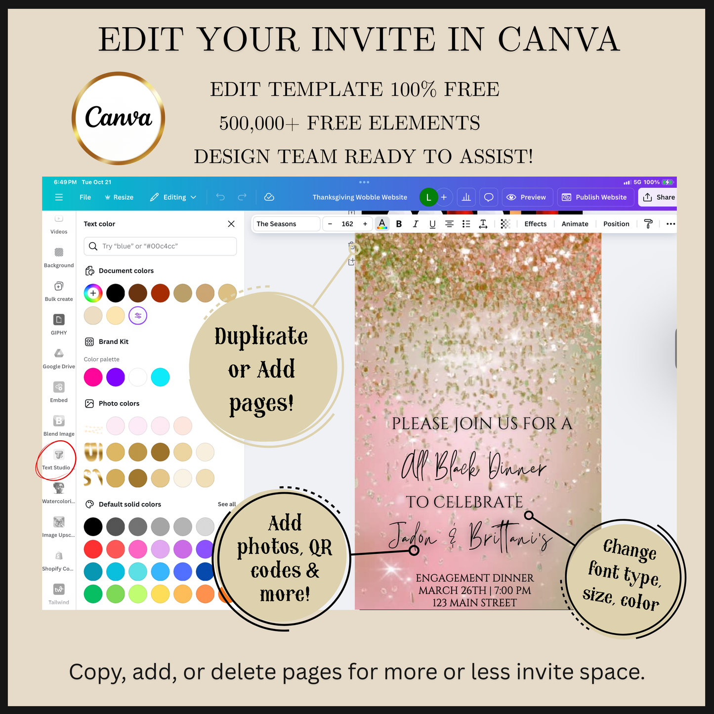 Editable pink gold watercolor glitter engagement dinner video invitation displayed on a mobile phone, featuring an animated vertical digital invite with music, created in Canva. This premium video invitation template is designed for sharing by text, email, and social media and works with an interactive RSVP website for easy guest response tracking.