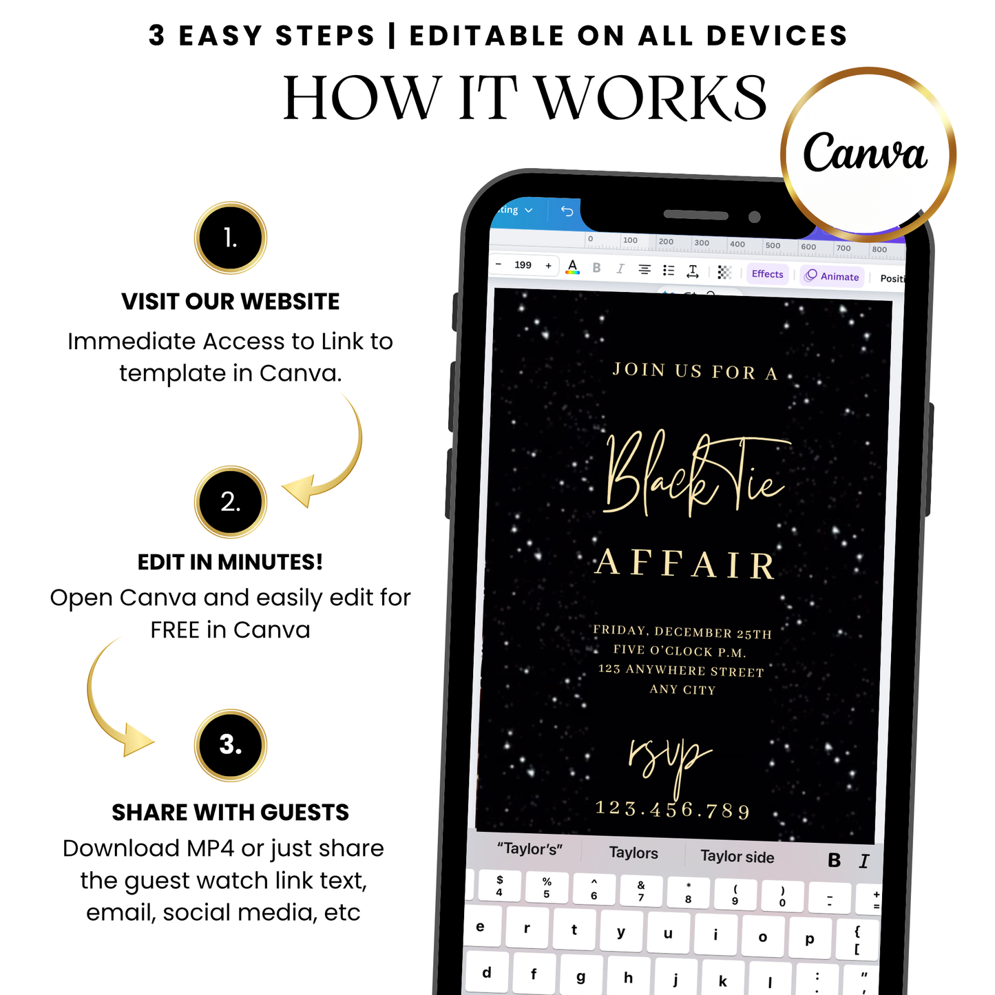 Black Glitter Glam Video Invitation — Elegant Gold Text Digital Template with Music