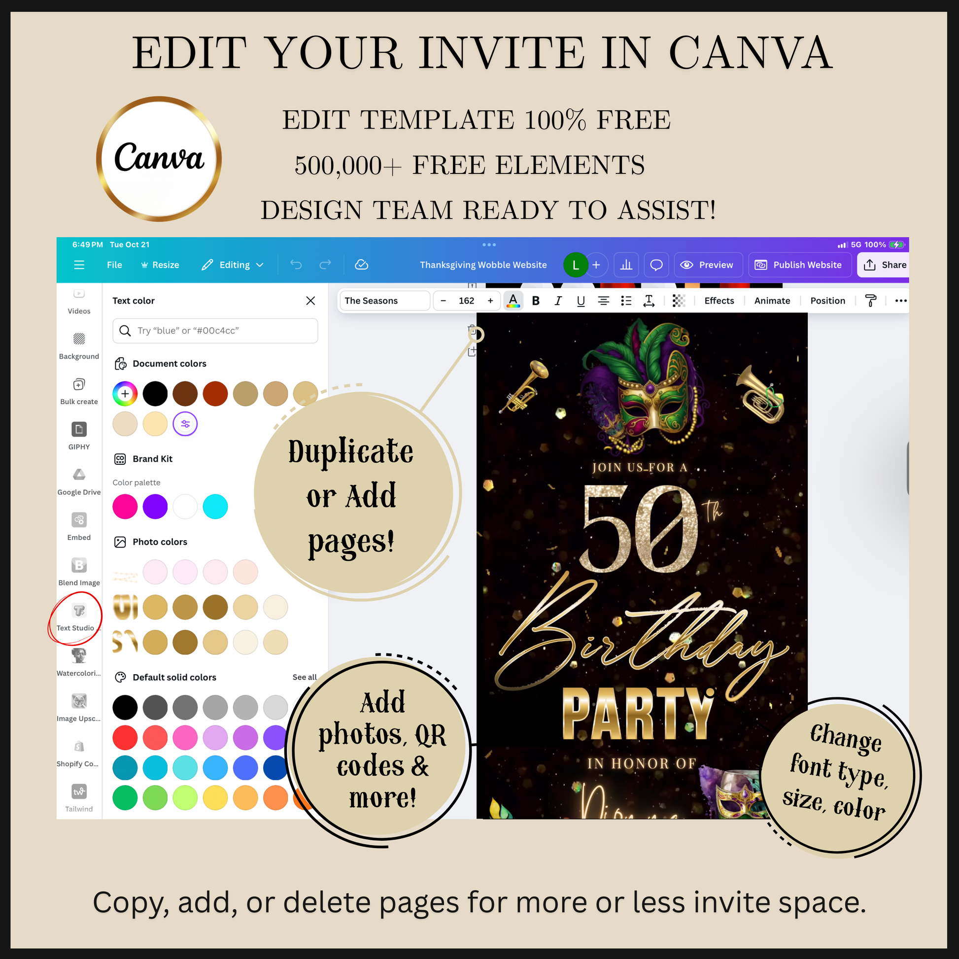 Editable mardi gras masquerade 50th birthday – editable canva animated video invitation displayed on a mobile phone, featuring an animated vertical digital invite with music, created in Canva. This premium video invitation template is designed for sharing by text, email, and social media and works with an interactive RSVP website for easy guest response tracking.