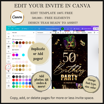 Editable mardi gras masquerade 50th birthday – editable canva animated video invitation displayed on a mobile phone, featuring an animated vertical digital invite with music, created in Canva. This premium video invitation template is designed for sharing by text, email, and social media and works with an interactive RSVP website for easy guest response tracking.