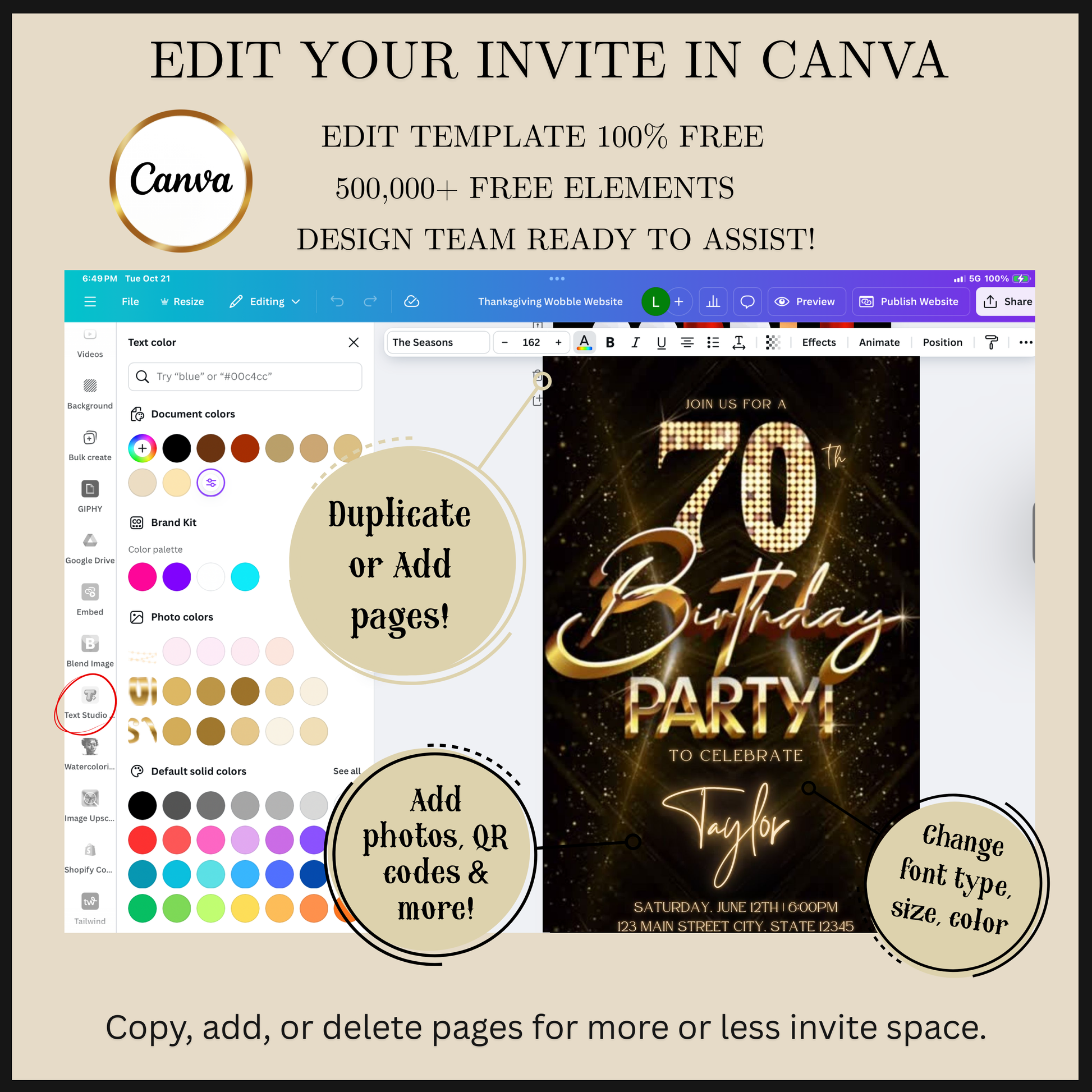 Editable gold glitter 70th birthday party video invitation displayed on a mobile phone, featuring an animated vertical digital invite with music, created in Canva. This premium video invitation template is designed for sharing by text, email, and social media and works with an interactive RSVP website for easy guest response tracking.