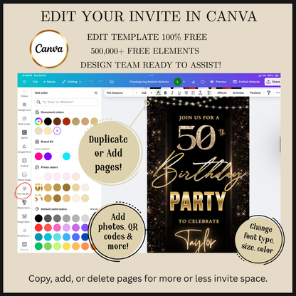 Editable black gold sparkle 50th birthday video invitation displayed on a mobile phone, featuring an animated vertical digital invite with music, created in Canva. This premium video invitation template is designed for sharing by text, email, and social media and works with an interactive RSVP website for easy guest response tracking.