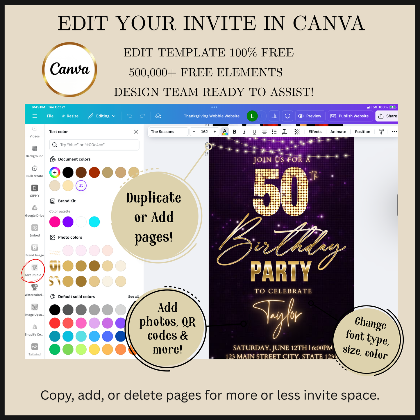 Editable classic gold bokeh 50th birthday video invitation displayed on a mobile phone, featuring an animated vertical digital invite with music, created in Canva. This premium video invitation template is designed for sharing by text, email, and social media and works with an interactive RSVP website for easy guest response tracking.