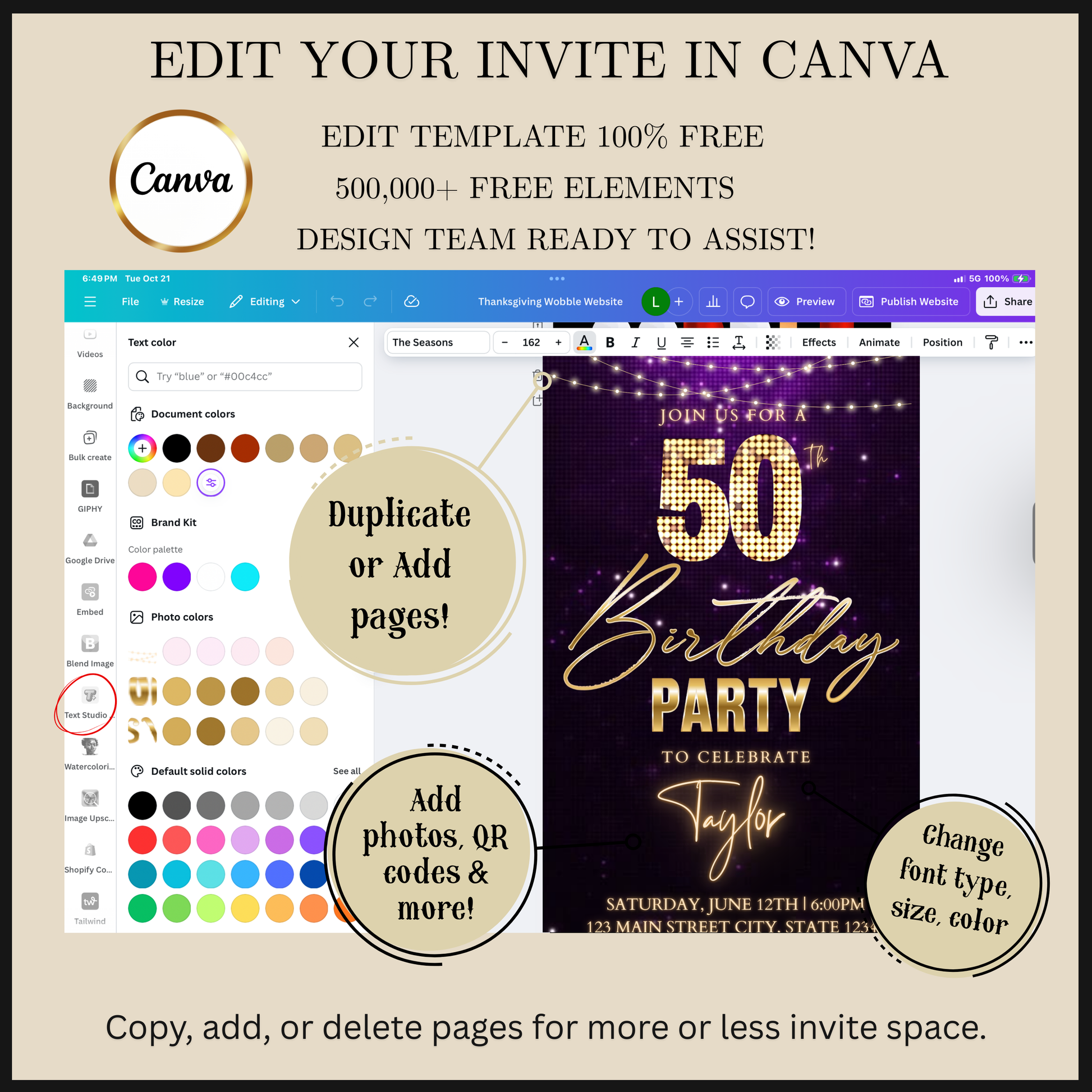Editable classic gold bokeh 50th birthday video invitation displayed on a mobile phone, featuring an animated vertical digital invite with music, created in Canva. This premium video invitation template is designed for sharing by text, email, and social media and works with an interactive RSVP website for easy guest response tracking.
