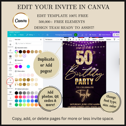 Editable classic gold bokeh 50th birthday video invitation displayed on a mobile phone, featuring an animated vertical digital invite with music, created in Canva. This premium video invitation template is designed for sharing by text, email, and social media and works with an interactive RSVP website for easy guest response tracking.