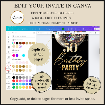 Editable black gold elegant 50th birthday video invitation displayed on a mobile phone, featuring an animated vertical digital invite with music, created in Canva. This premium video invitation template is designed for sharing by text, email, and social media and works with an interactive RSVP website for easy guest response tracking.