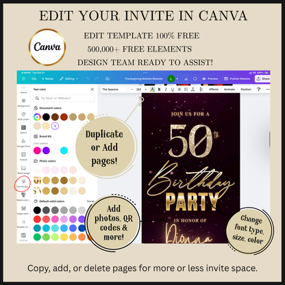 Editable burgundy shimmer 50th birthday video invitation displayed on a mobile phone, featuring an animated vertical digital invite with music, created in Canva. This premium video invitation template is designed for sharing by text, email, and social media and works with an interactive RSVP website for easy guest response tracking.