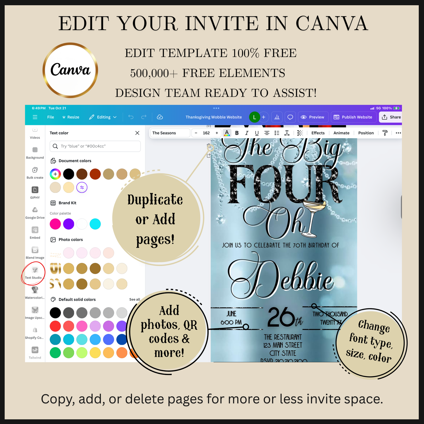 Editable baby blue champagne 40th birthday video invitation displayed on a mobile phone, featuring an animated vertical digital invite with music, created in Canva. This premium video invitation template is designed for sharing by text, email, and social media and works with an interactive RSVP website for easy guest response tracking.