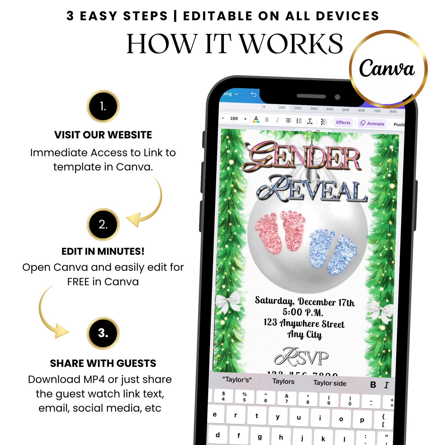 Holiday twin gender reveal video invitation template