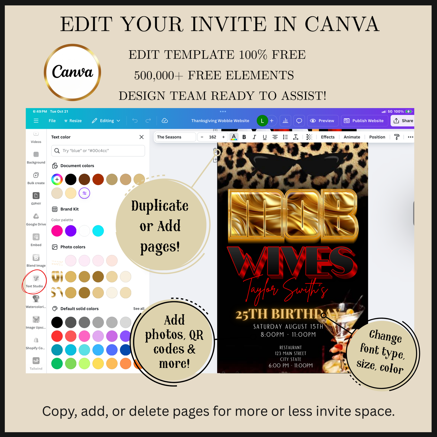 Editable mob wives martini birthday party video invitation displayed on a mobile phone, featuring an animated vertical digital invite with music, created in Canva. This premium video invitation template is designed for sharing by text, email, and social media and works with an interactive RSVP website for easy guest response tracking.
