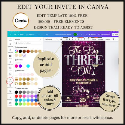 Editable violet gold 30th birthday video invitation displayed on a mobile phone, featuring an animated vertical digital invite with music, created in Canva. This premium video invitation template is designed for sharing by text, email, and social media and works with an interactive RSVP website for easy guest response tracking.
