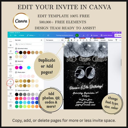 Editable silver studio 54 disco 50th birthday video invitation displayed on a mobile phone, featuring an animated vertical digital invite with music, created in Canva. This premium video invitation template is designed for sharing by text, email, and social media and works with an interactive RSVP website for easy guest response tracking.