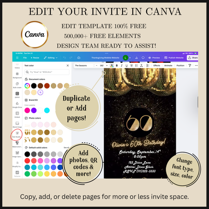 Editable gold disco 60th birthday video invitation displayed on a mobile phone, featuring an animated vertical digital invite with music, created in Canva. This premium video invitation template is designed for sharing by text, email, and social media and works with an interactive RSVP website for easy guest response tracking.