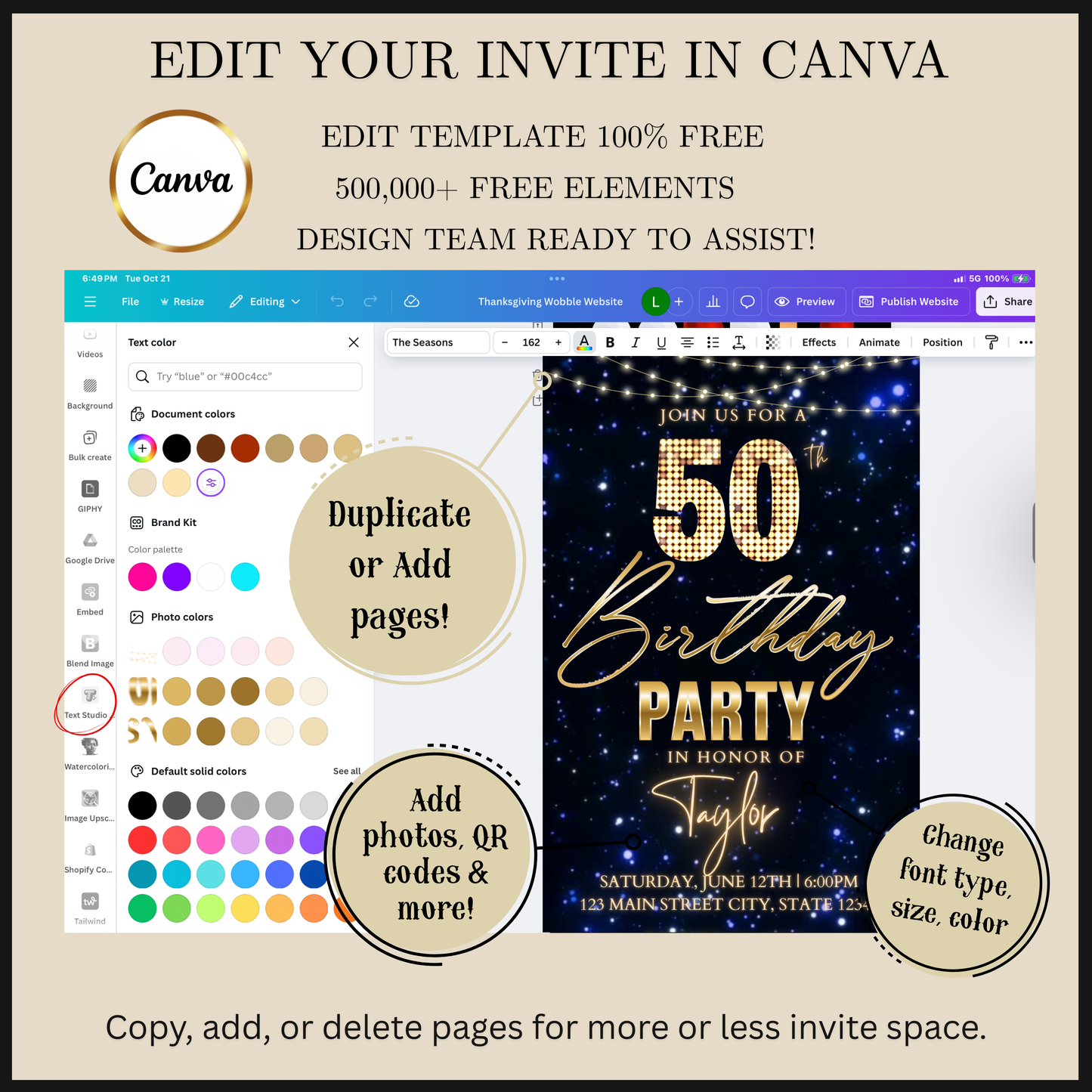 Editable gold black elegant 50th birthday video invitation displayed on a mobile phone, featuring an animated vertical digital invite with music, created in Canva. This premium video invitation template is designed for sharing by text, email, and social media and works with an interactive RSVP website for easy guest response tracking.