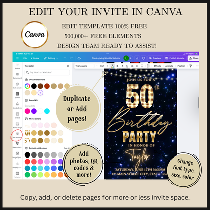 Editable gold black elegant 50th birthday video invitation displayed on a mobile phone, featuring an animated vertical digital invite with music, created in Canva. This premium video invitation template is designed for sharing by text, email, and social media and works with an interactive RSVP website for easy guest response tracking.