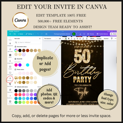Editable black gold champagne 50th birthday video invitation displayed on a mobile phone, featuring an animated vertical digital invite with music, created in Canva. This premium video invitation template is designed for sharing by text, email, and social media and works with an interactive RSVP website for easy guest response tracking.