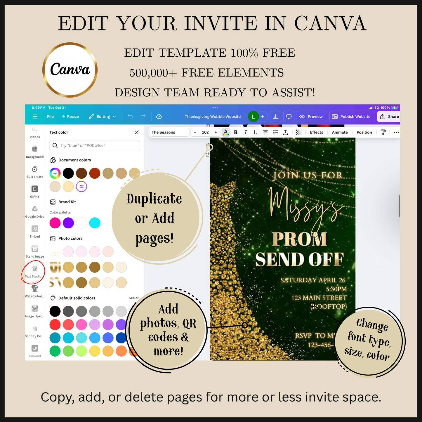 Editable green gold sparkle prom send off video invitation displayed on a mobile phone, featuring an animated vertical digital invite with music, created in Canva. This premium video invitation template is designed for sharing by text, email, and social media and works with an interactive RSVP website for easy guest response tracking.
