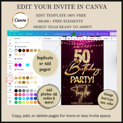 Editable magenta gold sequin 50th birthday video invitation displayed on a mobile phone, featuring an animated vertical digital invite with music, created in Canva. This premium video invitation template is designed for sharing by text, email, and social media and works with an interactive RSVP website for easy guest response tracking.