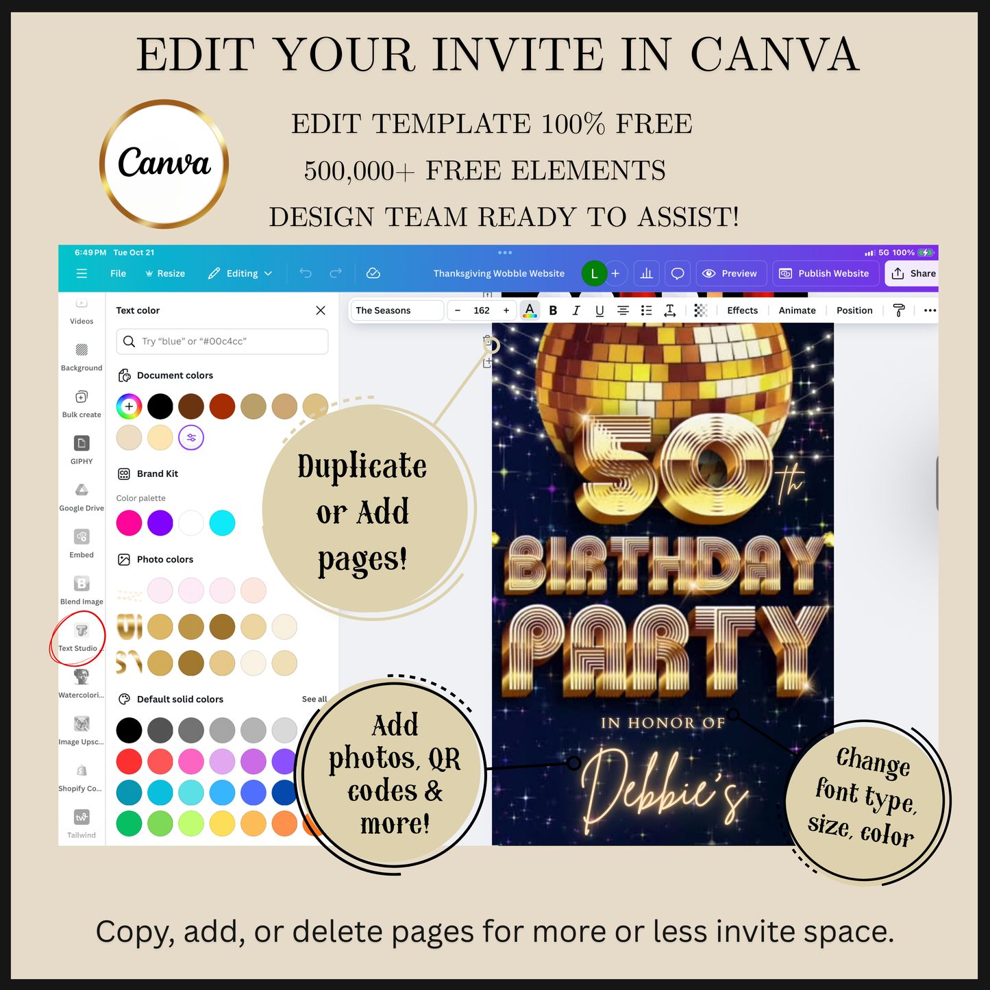 Editable blue gold disco 50th birthday party video invitation displayed on a mobile phone, featuring an animated vertical digital invite with music, created in Canva. This premium video invitation template is designed for sharing by text, email, and social media and works with an interactive RSVP website for easy guest response tracking.