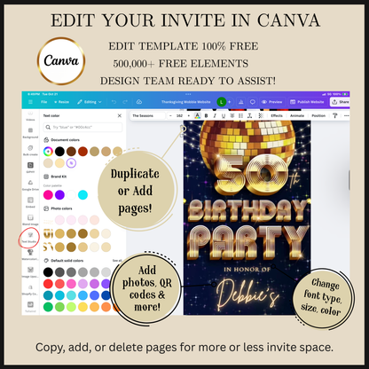 Editable blue gold disco 50th birthday party video invitation displayed on a mobile phone, featuring an animated vertical digital invite with music, created in Canva. This premium video invitation template is designed for sharing by text, email, and social media and works with an interactive RSVP website for easy guest response tracking.