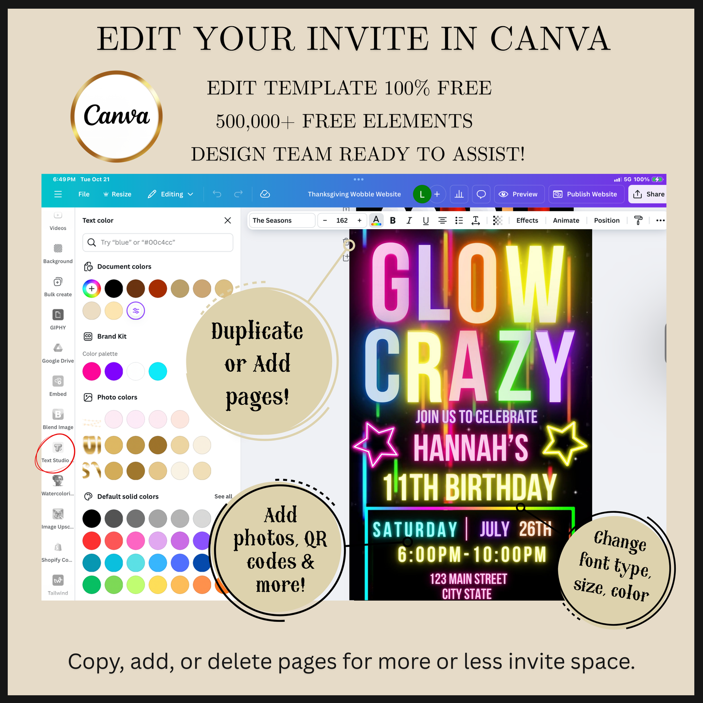 Editable glow crazy 11th birthday video invitation displayed on a mobile phone, featuring an animated vertical digital invite with music, created in Canva. This premium video invitation template is designed for sharing by text, email, and social media and works with an interactive RSVP website for easy guest response tracking.