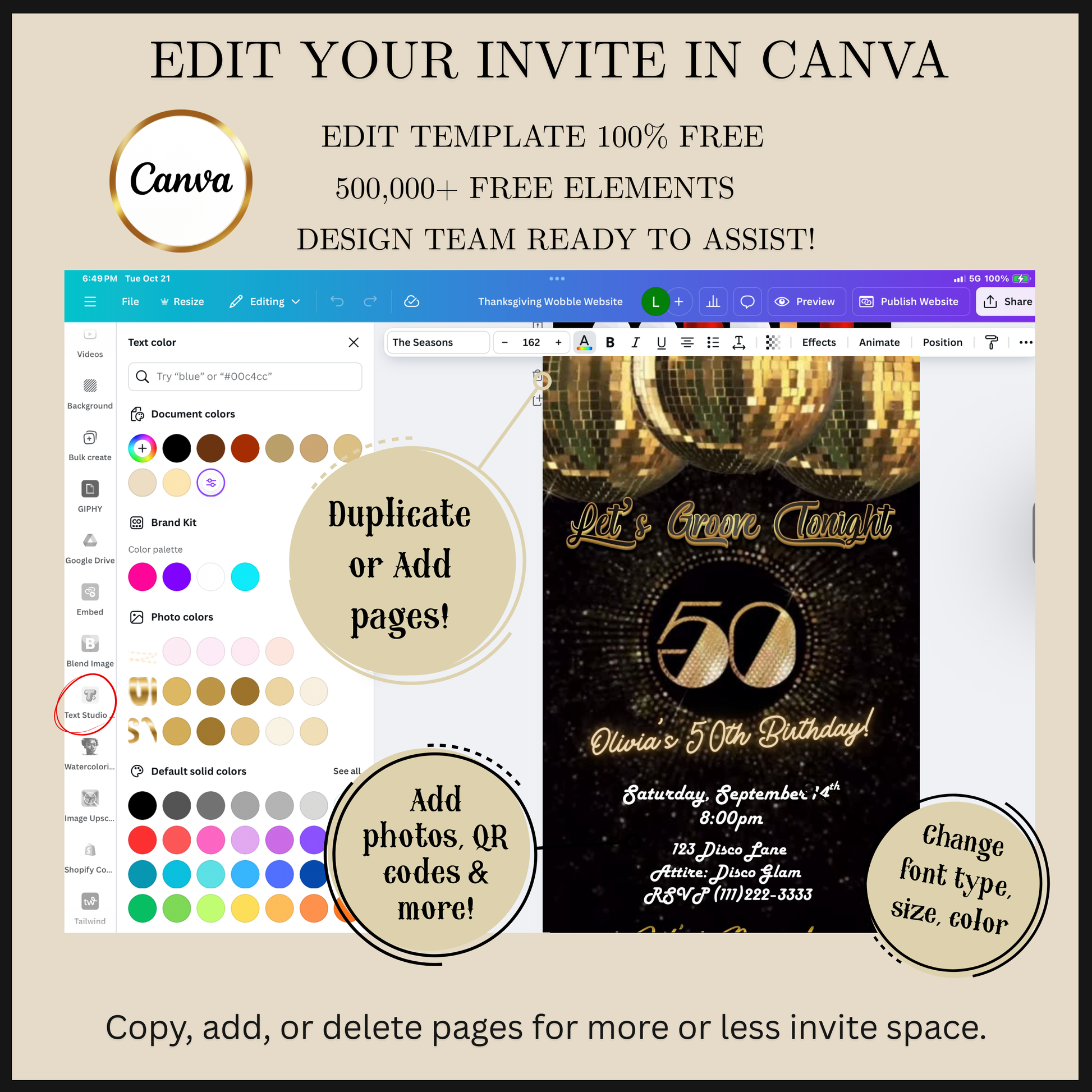 Editable gold disco 50th birthday video invitation displayed on a mobile phone, featuring an animated vertical digital invite with music, created in Canva. This premium video invitation template is designed for sharing by text, email, and social media and works with an interactive RSVP website for easy guest response tracking.