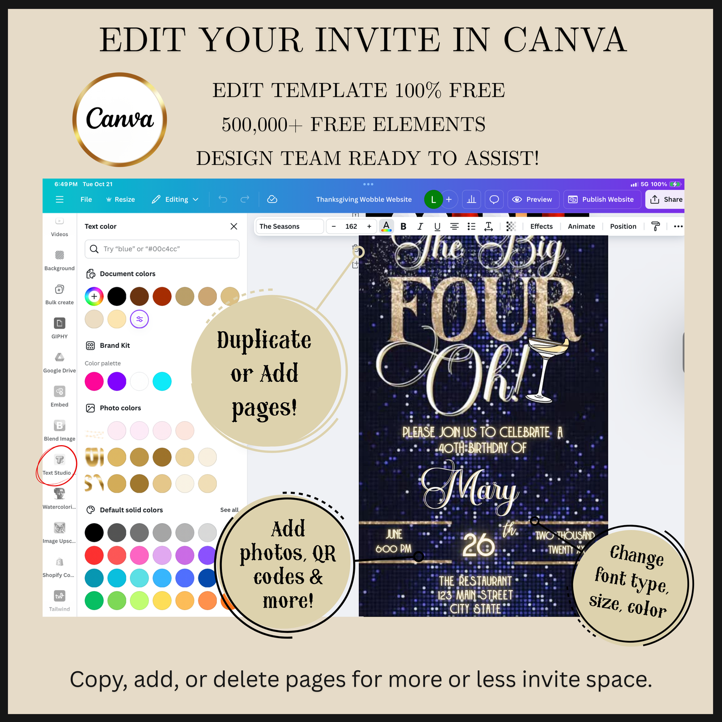 Editable blue gold 40th birthday video invitation displayed on a mobile phone, featuring an animated vertical digital invite with music, created in Canva. This premium video invitation template is designed for sharing by text, email, and social media and works with an interactive RSVP website for easy guest response tracking.