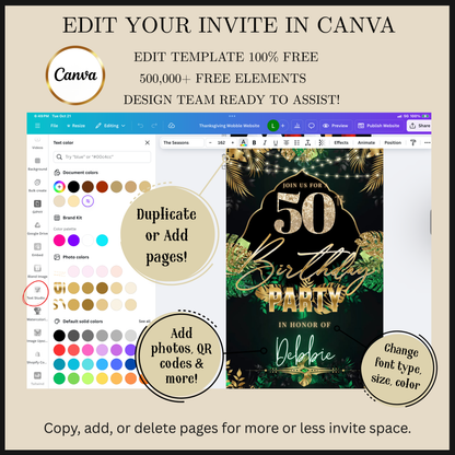 Editable tropical green gold 50th birthday video invitation displayed on a mobile phone, featuring an animated vertical digital invite with music, created in Canva. This premium video invitation template is designed for sharing by text, email, and social media and works with an interactive RSVP website for easy guest response tracking.