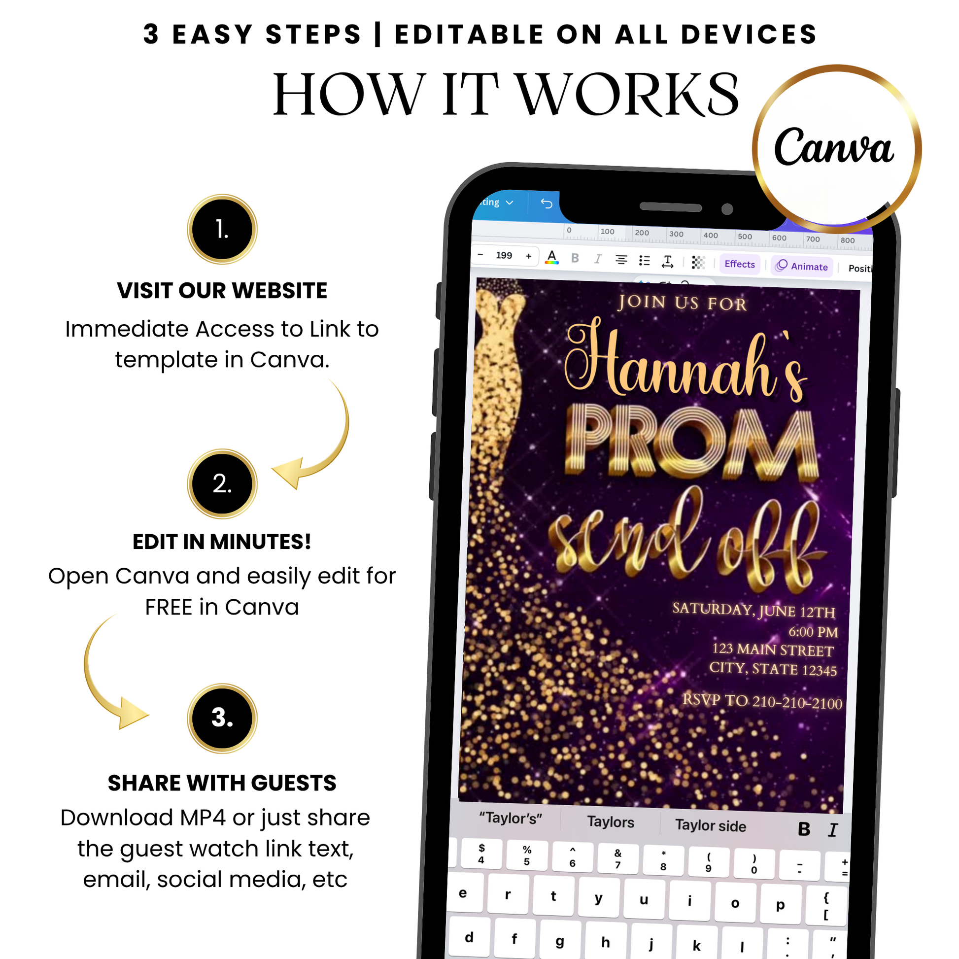 Purple and gold prom video invitation template starry