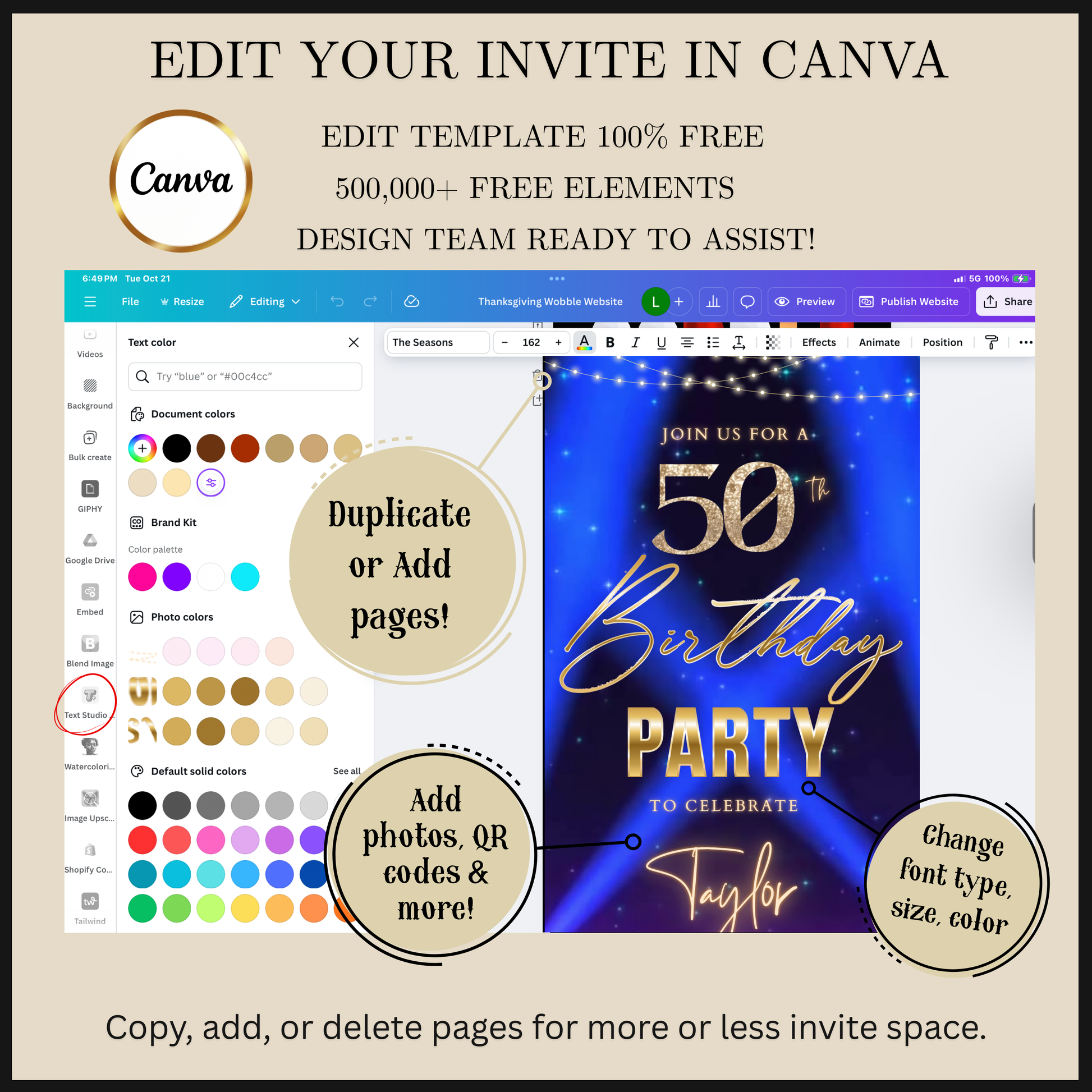 Editable blue spotlight 50th birthday video invitation displayed on a mobile phone, featuring an animated vertical digital invite with music, created in Canva. This premium video invitation template is designed for sharing by text, email, and social media and works with an interactive RSVP website for easy guest response tracking.