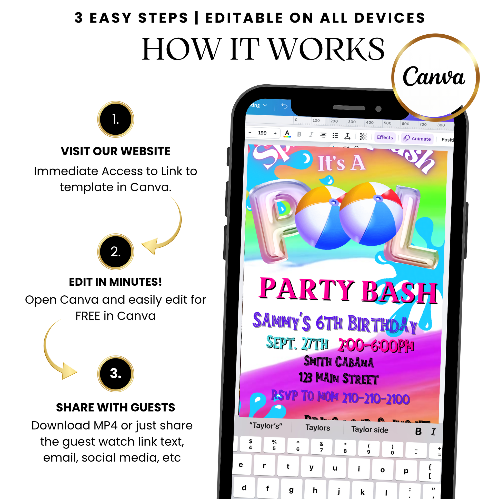 Summer Pool Party Bash Video Invitation Canva Editable