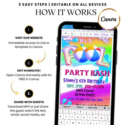 Summer Pool Party Bash Video Invitation Canva Editable