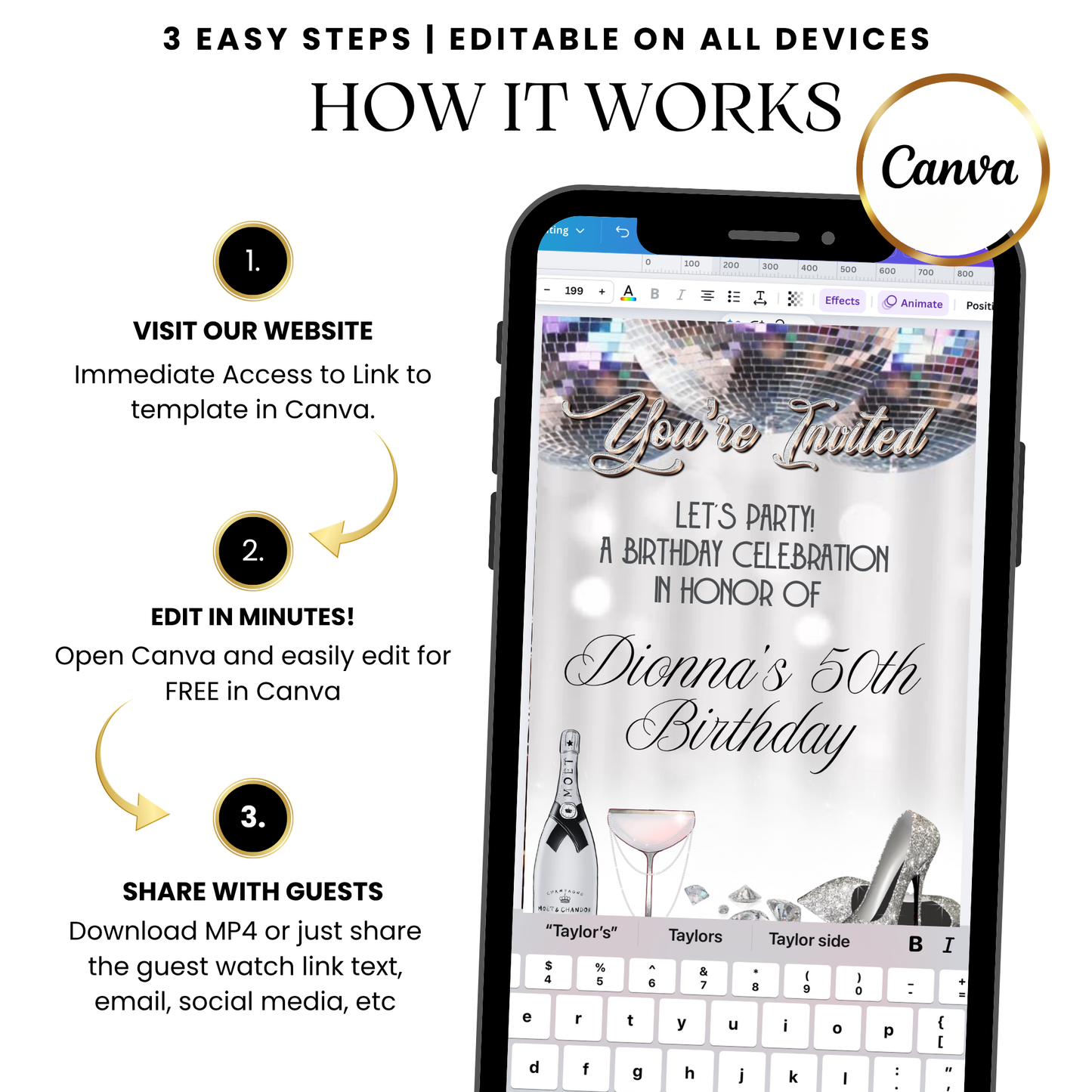 Champagne diamonds video invitation template glam