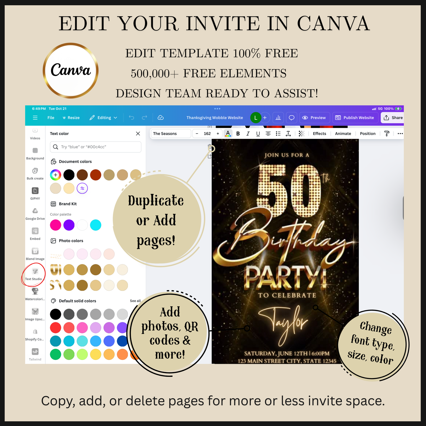 Editable gold glitter 50th birthday party video invitation displayed on a mobile phone, featuring an animated vertical digital invite with music, created in Canva. This premium video invitation template is designed for sharing by text, email, and social media and works with an interactive RSVP website for easy guest response tracking.