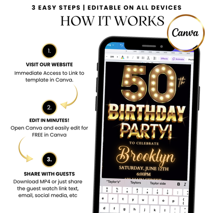 Gold Lights Marquee Video Invitation with Music