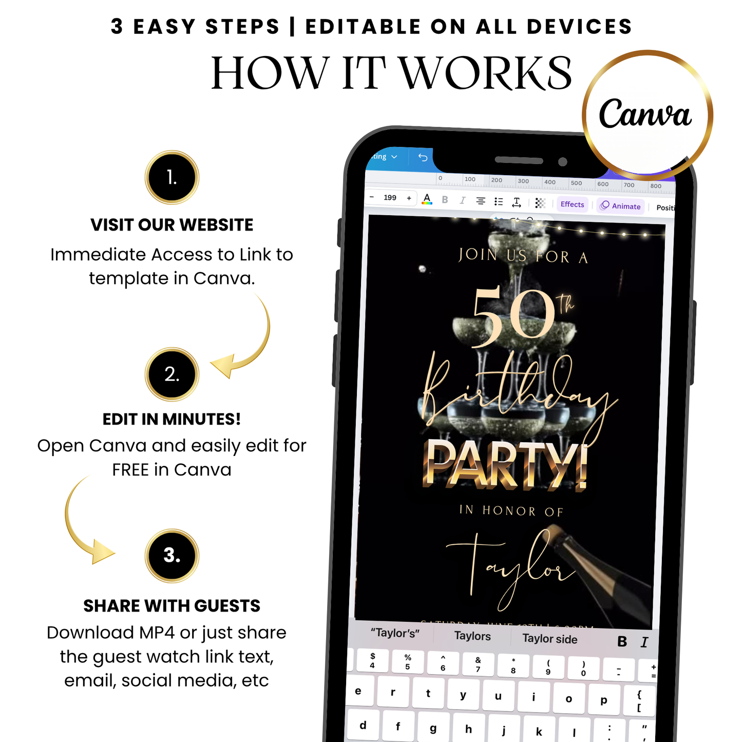 Black and gold with champagne tower Digital Video Invitation with Music