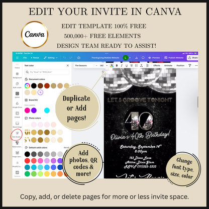 Editable disco silver 40th birthday video invitation displayed on a mobile phone, featuring an animated vertical digital invite with music, created in Canva. This premium video invitation template is designed for sharing by text, email, and social media and works with an interactive RSVP website for easy guest response tracking.