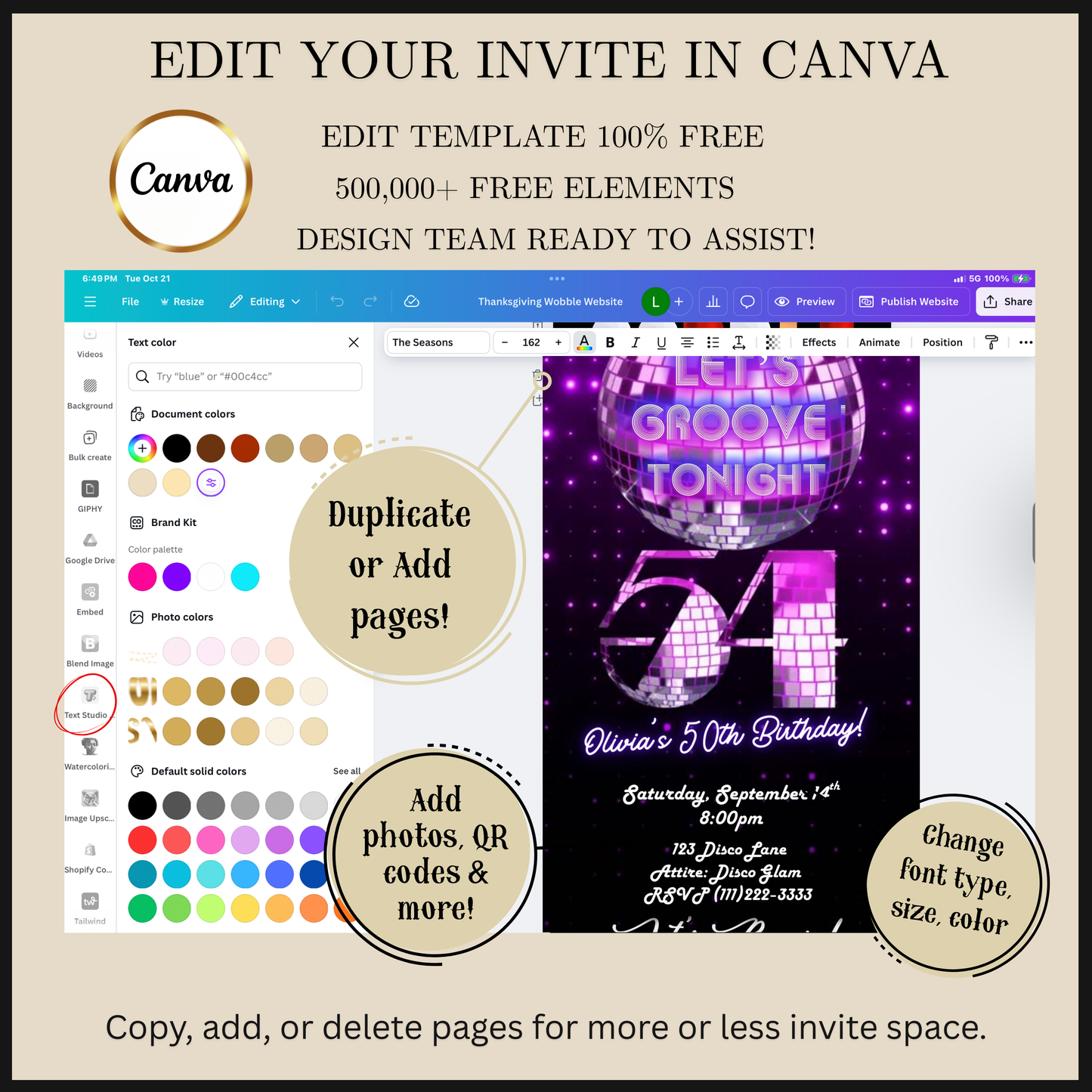 Editable purple disco 54th birthday video invitation displayed on a mobile phone, featuring an animated vertical digital invite with music, created in Canva. This premium video invitation template is designed for sharing by text, email, and social media and works with an interactive RSVP website for easy guest response tracking.